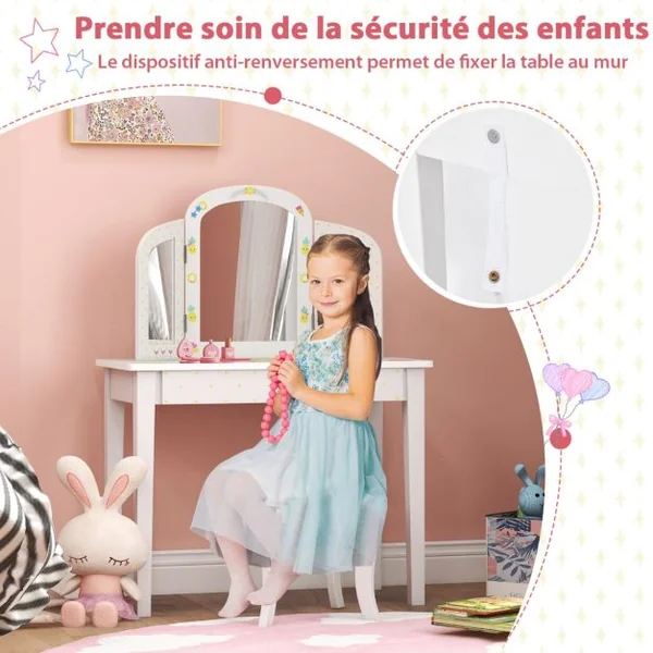 2 en 1 Coiffeuse Enfants Tabouret Miroir à 3 Volets Amovible Table de Maquillage Tiroir Dispositif Anti-basculement Blanc
