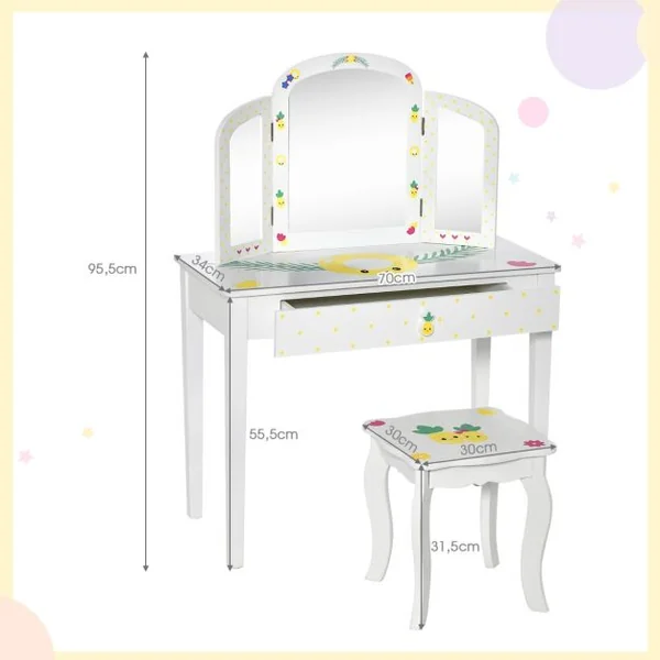 2 en 1 Coiffeuse Enfants Tabouret Miroir à 3 Volets Amovible Table de Maquillage Tiroir Dispositif Anti-basculement Blanc