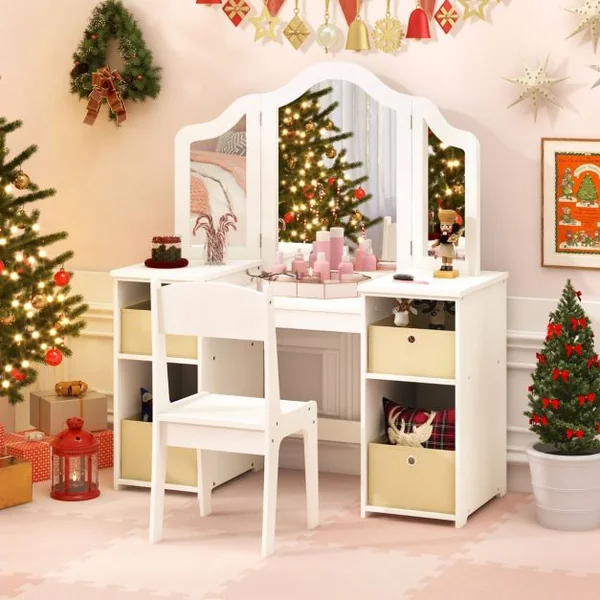 2 en 1 Coiffeuse et Chaise Enfants avec Miroir Amovible à Trois Volets Table de Maquillage avec 4 Compartiments pour 3 Ans+ Blanc/Rose