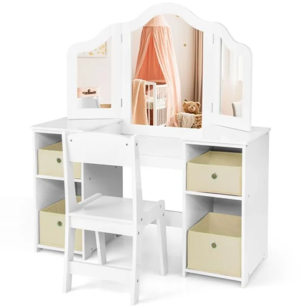 2 en 1 Coiffeuse et Chaise Enfants avec Miroir Amovible à Trois Volets Table de Maquillage avec 4 Compartiments pour 3 Ans+ Blanc/Rose