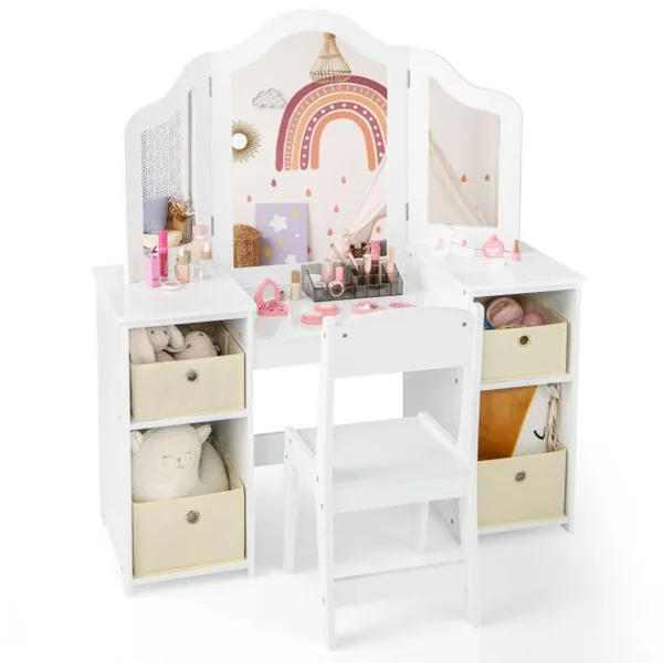 2 en 1 Coiffeuse et Chaise Enfants avec Miroir Amovible à Trois Volets Table de Maquillage avec 4 Compartiments pour 3 Ans+ Blanc/Rose