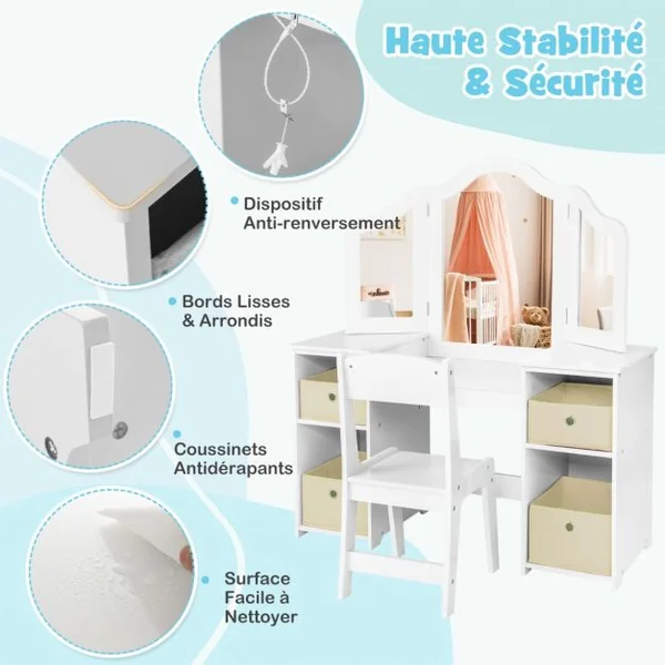 2 en 1 Coiffeuse et Chaise Enfants avec Miroir Amovible à Trois Volets Table de Maquillage avec 4 Compartiments pour 3 Ans+ Blanc/Rose