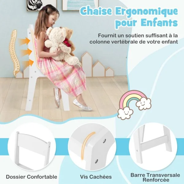 2 en 1 Coiffeuse et Chaise Enfants avec Miroir Amovible à Trois Volets Table de Maquillage avec 4 Compartiments pour 3 Ans+ Blanc/Rose