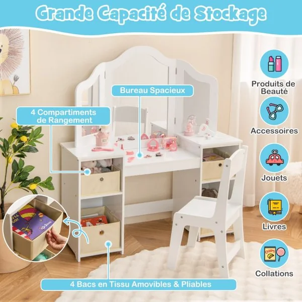 2 en 1 Coiffeuse et Chaise Enfants avec Miroir Amovible à Trois Volets Table de Maquillage avec 4 Compartiments pour 3 Ans+ Blanc/Rose