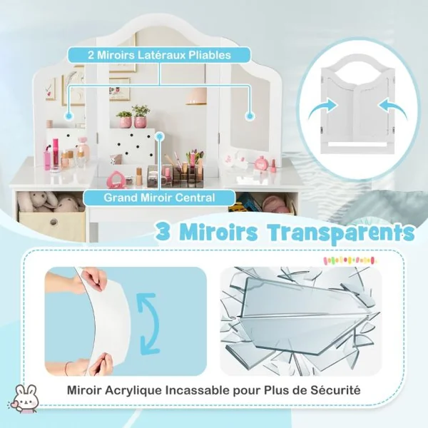 2 en 1 Coiffeuse et Chaise Enfants avec Miroir Amovible à Trois Volets Table de Maquillage avec 4 Compartiments pour 3 Ans+ Blanc/Rose