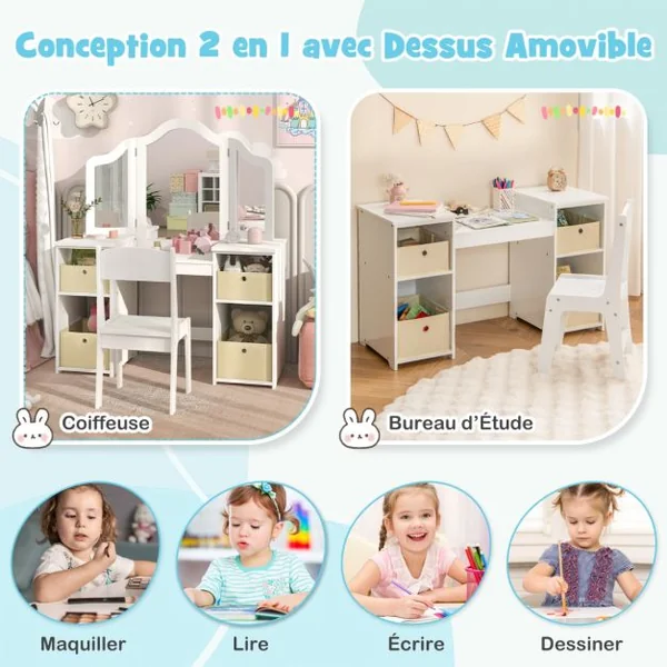 2 en 1 Coiffeuse et Chaise Enfants avec Miroir Amovible à Trois Volets Table de Maquillage avec 4 Compartiments pour 3 Ans+ Blanc/Rose