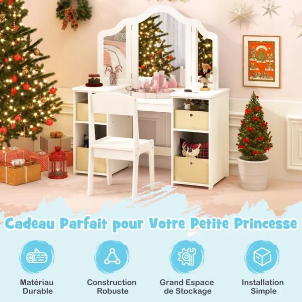 2 en 1 Coiffeuse et Chaise Enfants avec Miroir Amovible à Trois Volets Table de Maquillage avec 4 Compartiments pour 3 Ans+ Blanc/Rose