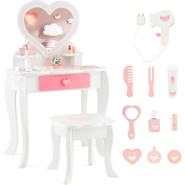 2 en 1 Coiffeuse et Tabouret Enfants avec Miroir Amovible en Forme de Cœur 10 Jouets d'Habillage Tiroir pour 3+ Ans Blanc