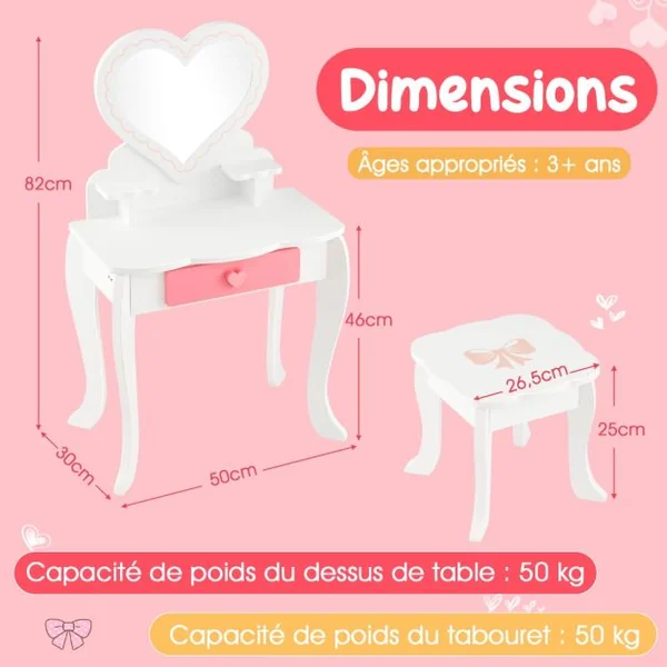 2 en 1 Coiffeuse et Tabouret Enfants avec Miroir Amovible en Forme de Cœur 10 Jouets d'Habillage Tiroir pour 3+ Ans Blanc