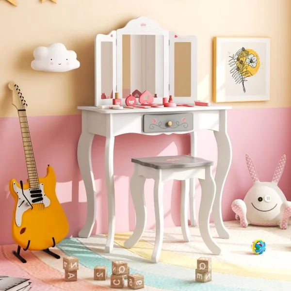 2 en 1 Coiffeuse et Tabouret Enfants avec Miroir Détachable à 3 Volets 10 Jouets d'Habillage et Tiroir pour 3+ Ans Blanc
