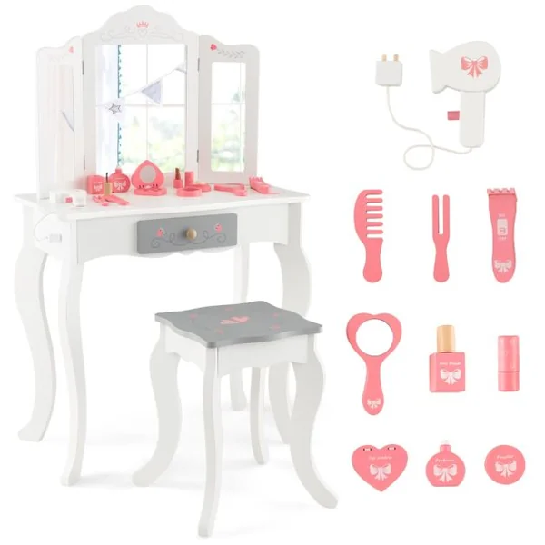 2 en 1 Coiffeuse et Tabouret Enfants avec Miroir Détachable à 3 Volets 10 Jouets d'Habillage et Tiroir pour 3+ Ans Blanc