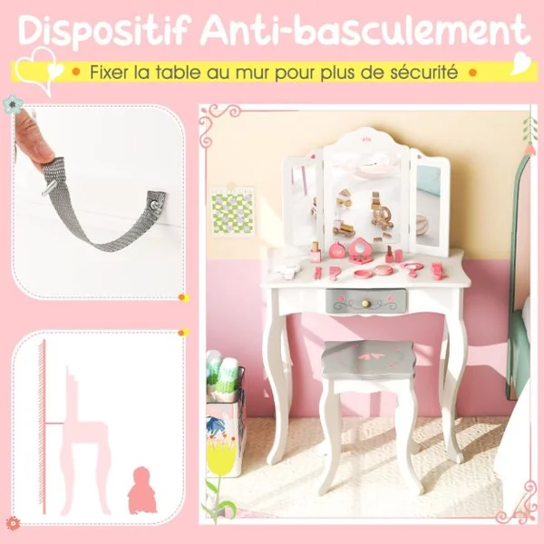 2 en 1 Coiffeuse et Tabouret Enfants avec Miroir Détachable à 3 Volets 10 Jouets d'Habillage et Tiroir pour 3+ Ans Blanc