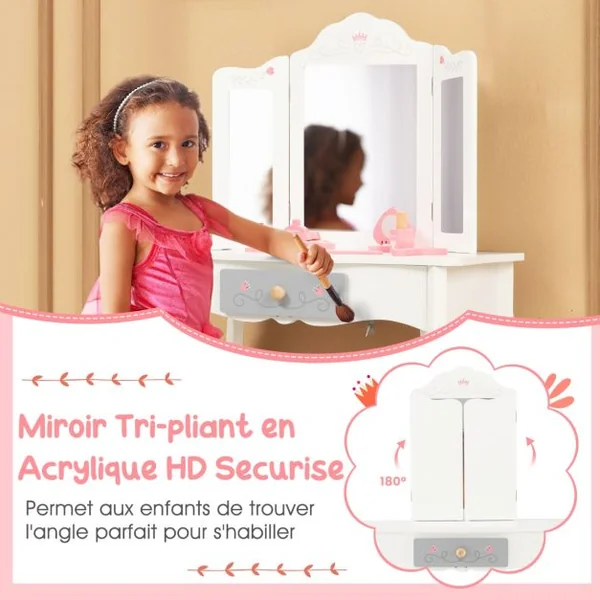 2 en 1 Coiffeuse et Tabouret Enfants avec Miroir Détachable à 3 Volets 10 Jouets d'Habillage et Tiroir pour 3+ Ans Blanc