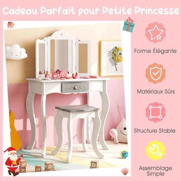 2 en 1 Coiffeuse et Tabouret Enfants avec Miroir Détachable à 3 Volets 10 Jouets d'Habillage et Tiroir pour 3+ Ans Blanc