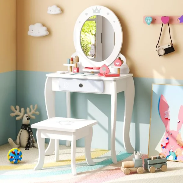 2 en 1 Coiffeuse et Tabouret Enfants - Miroir Ovale Amovible, 10 Jouets d'Habillage, Tiroir - Table Cosmétique pour 3+ Ans Blanc