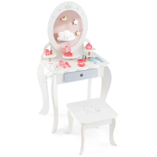2 en 1 Coiffeuse et Tabouret Enfants - Miroir Ovale Amovible, 10 Jouets d'Habillage, Tiroir - Table Cosmétique pour 3+ Ans Blanc