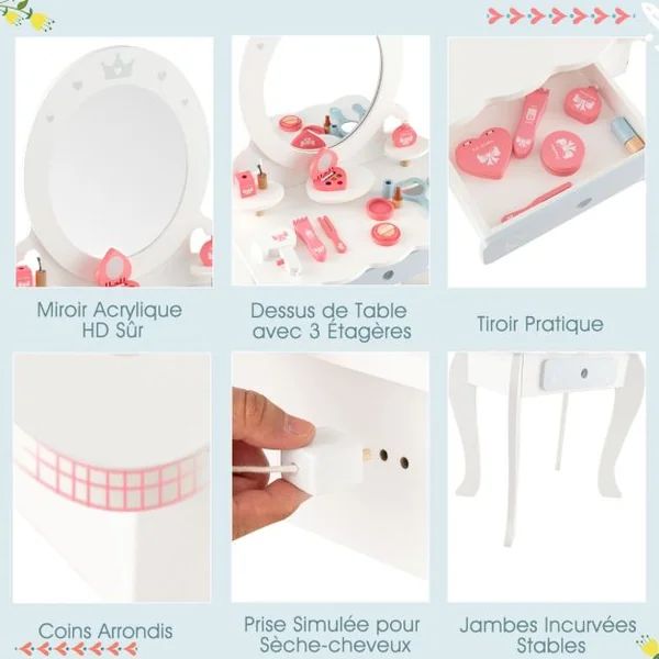 2 en 1 Coiffeuse et Tabouret Enfants - Miroir Ovale Amovible, 10 Jouets d'Habillage, Tiroir - Table Cosmétique pour 3+ Ans Blanc