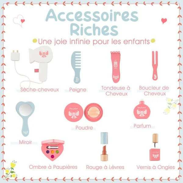 2 en 1 Coiffeuse et Tabouret Enfants - Miroir Ovale Amovible, 10 Jouets d'Habillage, Tiroir - Table Cosmétique pour 3+ Ans Blanc