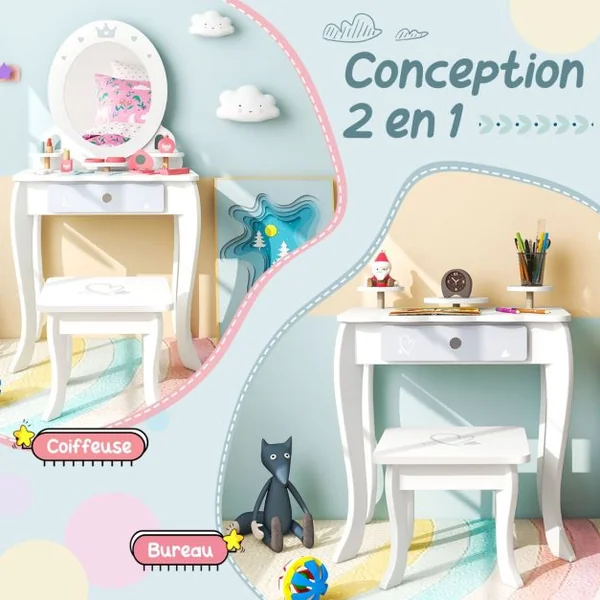 2 en 1 Coiffeuse et Tabouret Enfants - Miroir Ovale Amovible, 10 Jouets d'Habillage, Tiroir - Table Cosmétique pour 3+ Ans Blanc