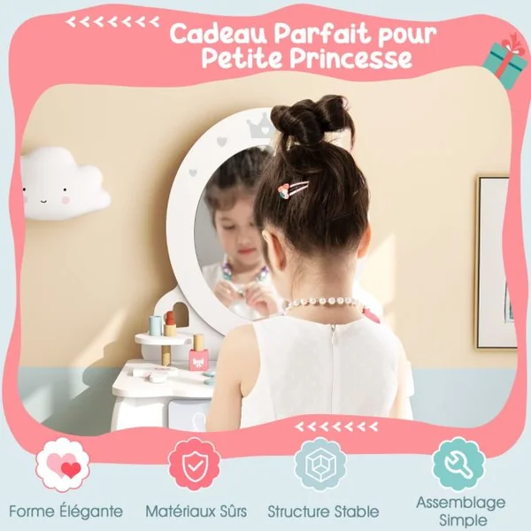 2 en 1 Coiffeuse et Tabouret Enfants - Miroir Ovale Amovible, 10 Jouets d'Habillage, Tiroir - Table Cosmétique pour 3+ Ans Blanc