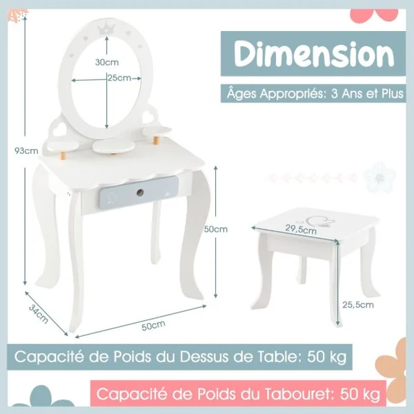 2 en 1 Coiffeuse et Tabouret Enfants - Miroir Ovale Amovible, 10 Jouets d'Habillage, Tiroir - Table Cosmétique pour 3+ Ans Blanc