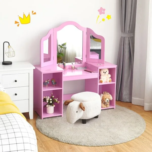 2 en 1 Coiffeuse pour Enfants avec Miroir Amovible Bureau Enfant avec 4 Étagères et 3 Panneau Pliables Blanc/Rose