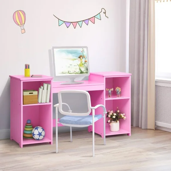 2 en 1 Coiffeuse pour Enfants avec Miroir Amovible Bureau Enfant avec 4 Étagères et 3 Panneau Pliables Blanc/Rose