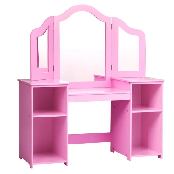 2 en 1 Coiffeuse pour Enfants avec Miroir Amovible Bureau Enfant avec 4 Étagères et 3 Panneau Pliables Blanc/Rose