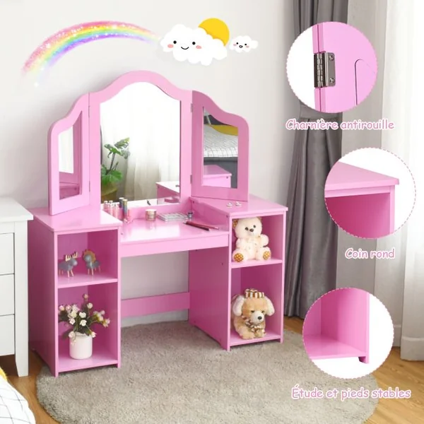 2 en 1 Coiffeuse pour Enfants avec Miroir Amovible Bureau Enfant avec 4 Étagères et 3 Panneau Pliables Blanc/Rose
