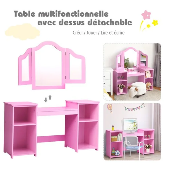 2 en 1 Coiffeuse pour Enfants avec Miroir Amovible Bureau Enfant avec 4 Étagères et 3 Panneau Pliables Blanc/Rose