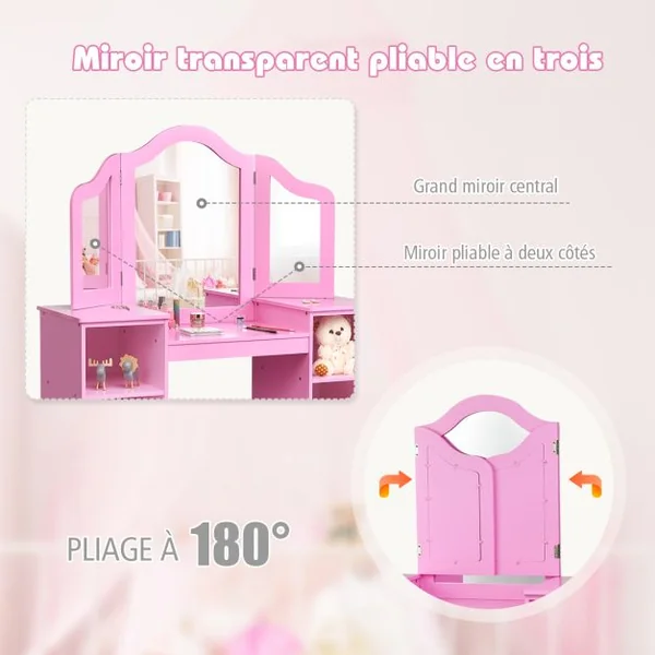 2 en 1 Coiffeuse pour Enfants avec Miroir Amovible Bureau Enfant avec 4 Étagères et 3 Panneau Pliables Blanc/Rose
