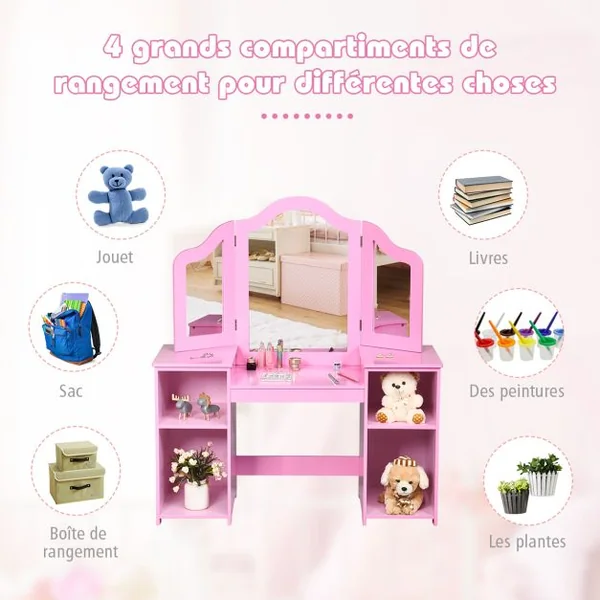 2 en 1 Coiffeuse pour Enfants avec Miroir Amovible Bureau Enfant avec 4 Étagères et 3 Panneau Pliables Blanc/Rose