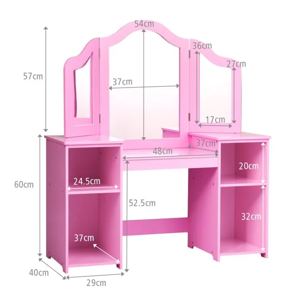2 en 1 Coiffeuse pour Enfants avec Miroir Amovible Bureau Enfant avec 4 Étagères et 3 Panneau Pliables Blanc/Rose