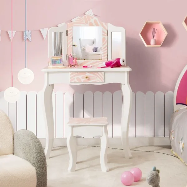 2 en 1 Coiffeuse pour Enfants de 3-7 Ans avec Miroir Amovible à 3 Volets Table de Maquillage avec Tabouret et Tiroir Rose