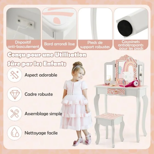 2 en 1 Coiffeuse pour Enfants de 3-7 Ans avec Miroir Amovible à 3 Volets Table de Maquillage avec Tabouret et Tiroir Rose
