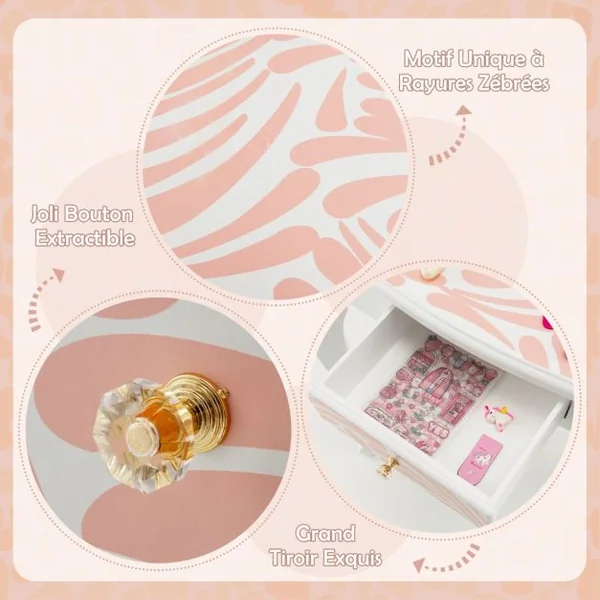 2 en 1 Coiffeuse pour Enfants de 3-7 Ans avec Miroir Amovible à 3 Volets Table de Maquillage avec Tabouret et Tiroir Rose