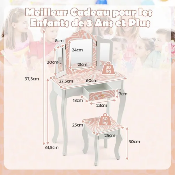 2 en 1 Coiffeuse pour Enfants de 3-7 Ans avec Miroir Amovible à 3 Volets Table de Maquillage avec Tabouret et Tiroir Rose