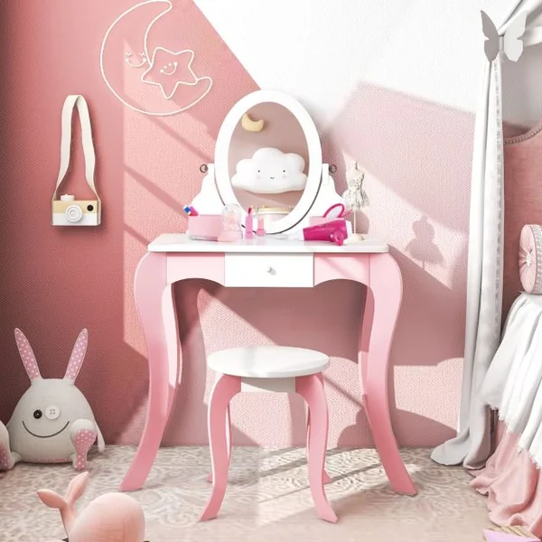2 en 1 Coiffeuse Princesse Enfants avec Tabouret Table de Maquillage avec Miroir Rotatif Dispositif Anti-basculement pour Enfants de 3-7 Ans
