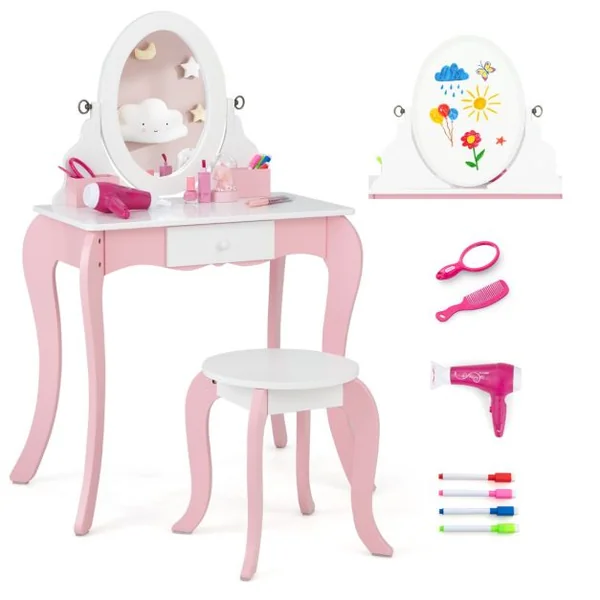 2 en 1 Coiffeuse Princesse Enfants avec Tabouret Table de Maquillage avec Miroir Rotatif Dispositif Anti-basculement pour Enfants de 3-7 Ans