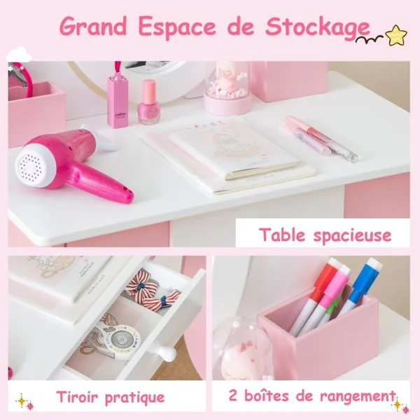 2 en 1 Coiffeuse Princesse Enfants avec Tabouret Table de Maquillage avec Miroir Rotatif Dispositif Anti-basculement pour Enfants de 3-7 Ans