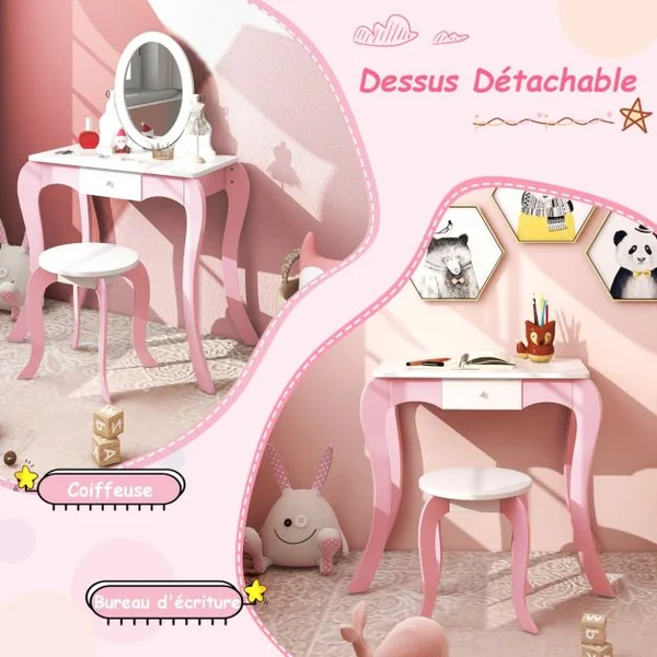 2 en 1 Coiffeuse Princesse Enfants avec Tabouret Table de Maquillage avec Miroir Rotatif Dispositif Anti-basculement pour Enfants de 3-7 Ans