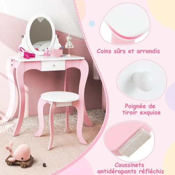 2 en 1 Coiffeuse Princesse Enfants avec Tabouret Table de Maquillage avec Miroir Rotatif Dispositif Anti-basculement pour Enfants de 3-7 Ans