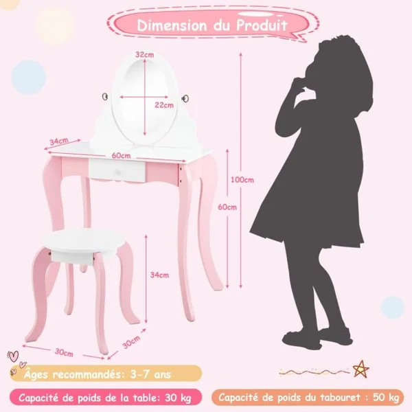 2 en 1 Coiffeuse Princesse Enfants avec Tabouret Table de Maquillage avec Miroir Rotatif Dispositif Anti-basculement pour Enfants de 3-7 Ans