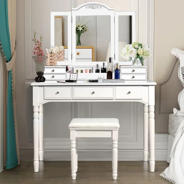 2 en 1 Coiffeuse Tabouret Miroir à 3 Volets Amovible Table de Maquillage 7 Tiroirs 8 Crochets Pieds en Bois Massif Blanc