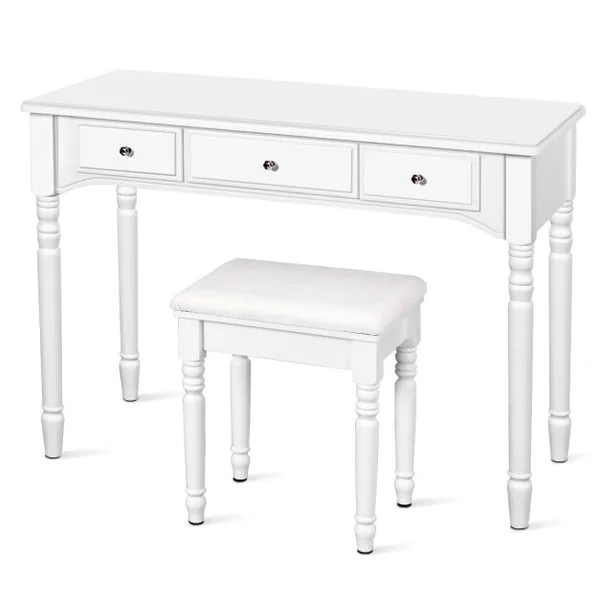 2 en 1 Coiffeuse Tabouret Miroir à 3 Volets Amovible Table de Maquillage 7 Tiroirs 8 Crochets Pieds en Bois Massif Blanc