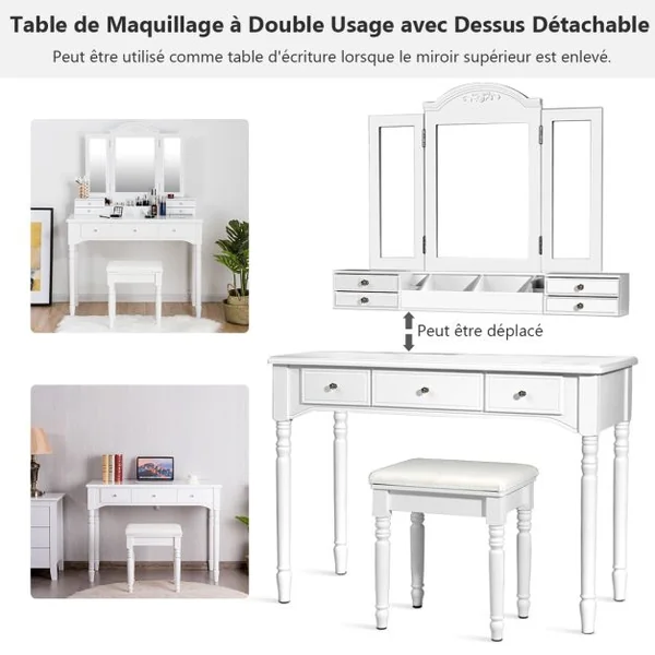 2 en 1 Coiffeuse Tabouret Miroir à 3 Volets Amovible Table de Maquillage 7 Tiroirs 8 Crochets Pieds en Bois Massif Blanc
