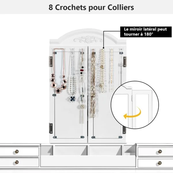 2 en 1 Coiffeuse Tabouret Miroir à 3 Volets Amovible Table de Maquillage 7 Tiroirs 8 Crochets Pieds en Bois Massif Blanc