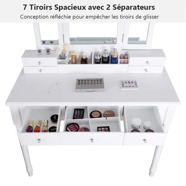 2 en 1 Coiffeuse Tabouret Miroir à 3 Volets Amovible Table de Maquillage 7 Tiroirs 8 Crochets Pieds en Bois Massif Blanc