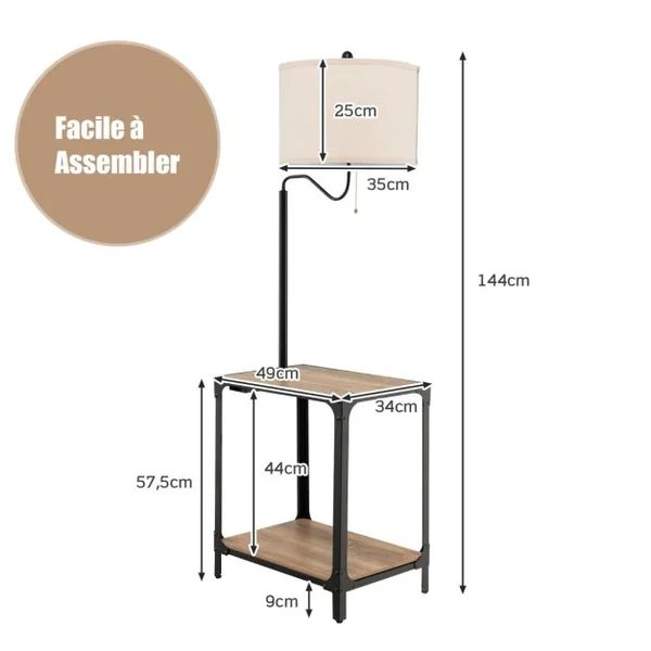 2 en 1 Lampadaire LED et Table d'Appoint avec 2 Étagères 2 Ports de Charge USB Bras de Lampe Rotatif à 360° 49x34x144 cm