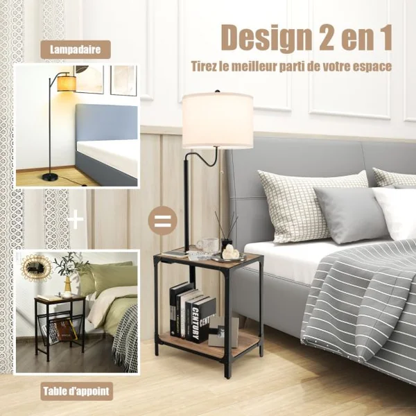 2 en 1 Lampadaire LED et Table d'Appoint avec 2 Étagères 2 Ports de Charge USB Bras de Lampe Rotatif à 360° 49x34x144 cm